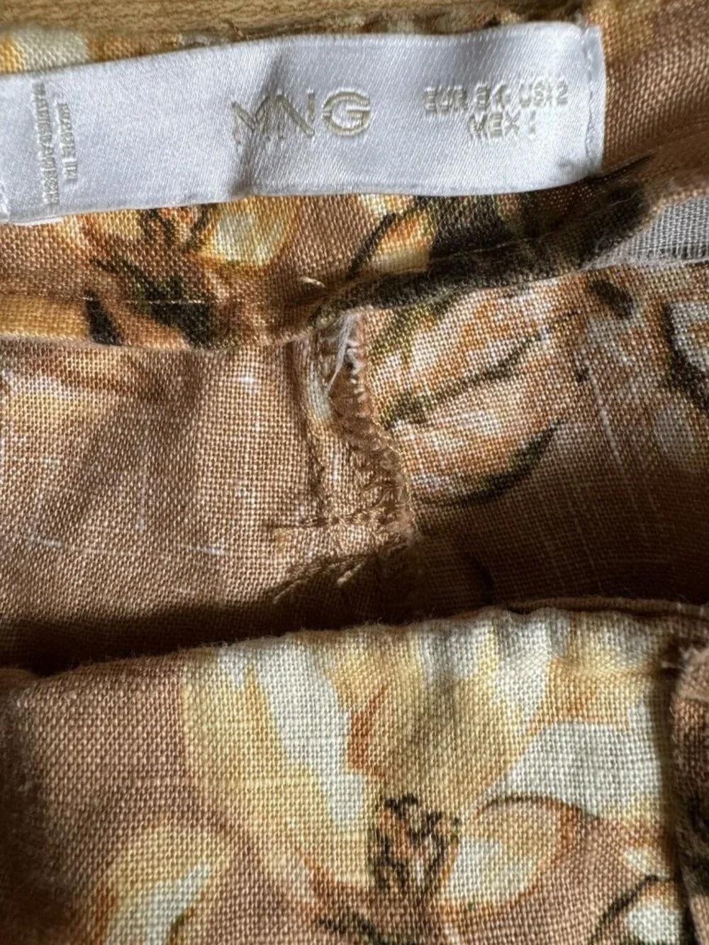 Mango Linen Floral Pants Size 2 Brown Wide Leg High Rise Boho